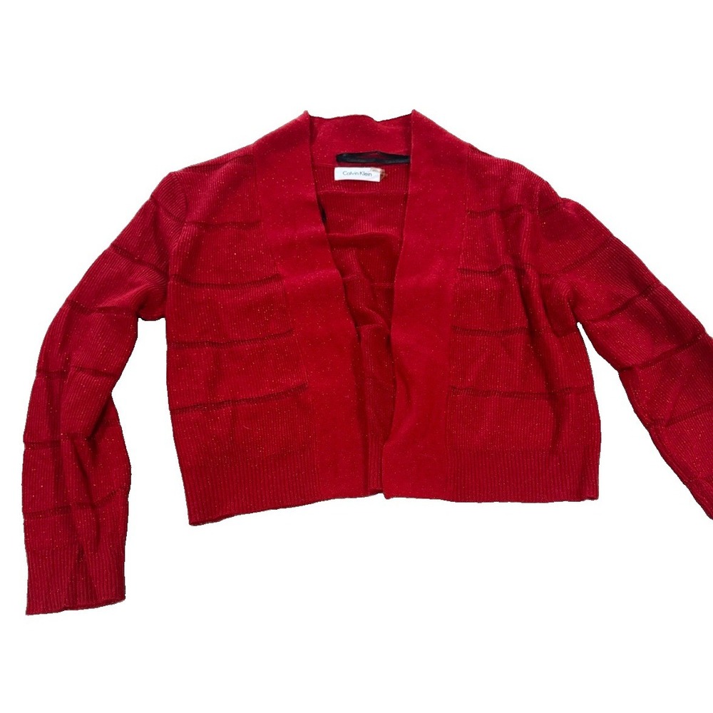 Calvin Klein Red Metallic Sparkle Crop Cardigan M Open Front Knit